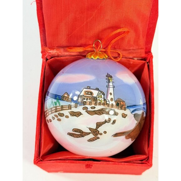 Glass Hand Painted Ornament Ball Lighthouse with Keepsake Box | Vintage Christm - Picture 3 of 9